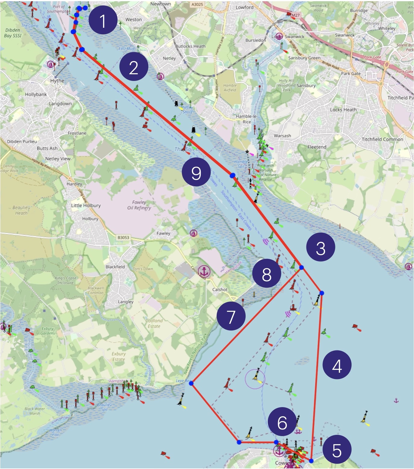 The mapping for a dinghy trail from Southampton SC to East Cowes