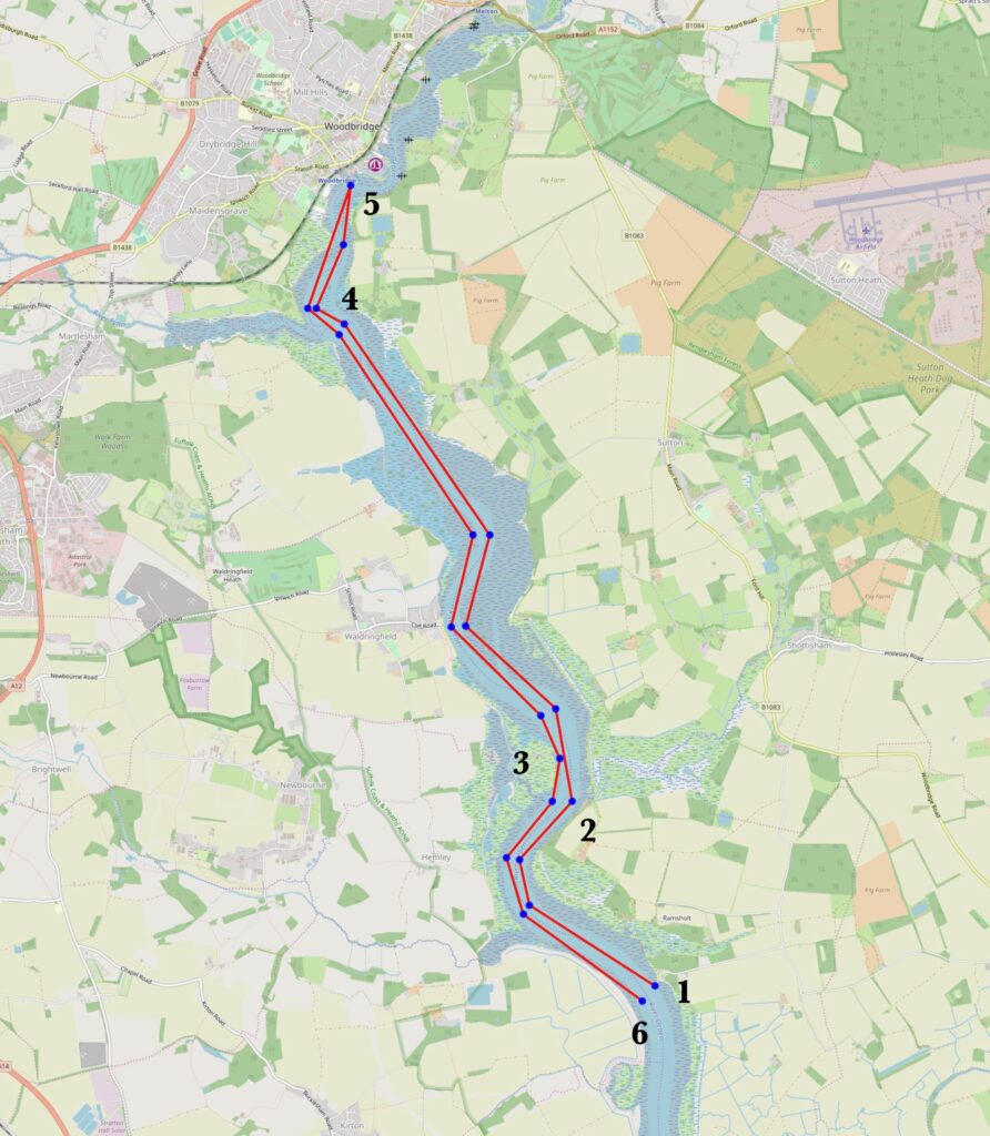 Map of dinghy trail on the River Deben