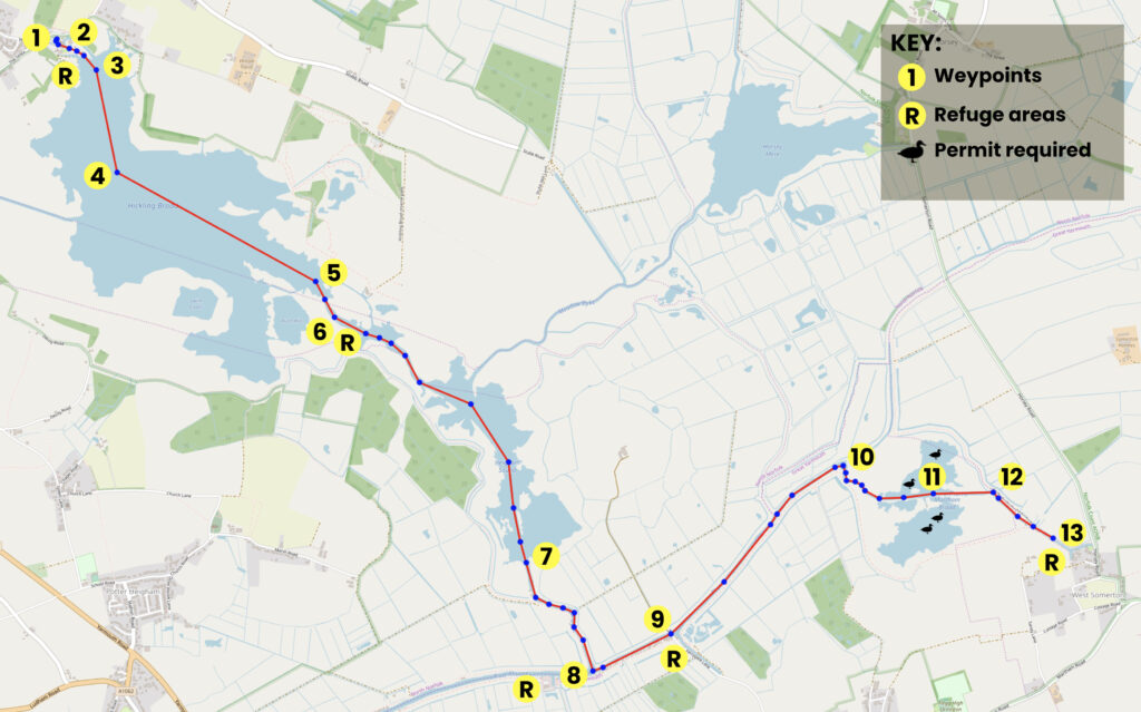 Map of dinghy trail from Hickling Broad to West Somerton with an overnight stay