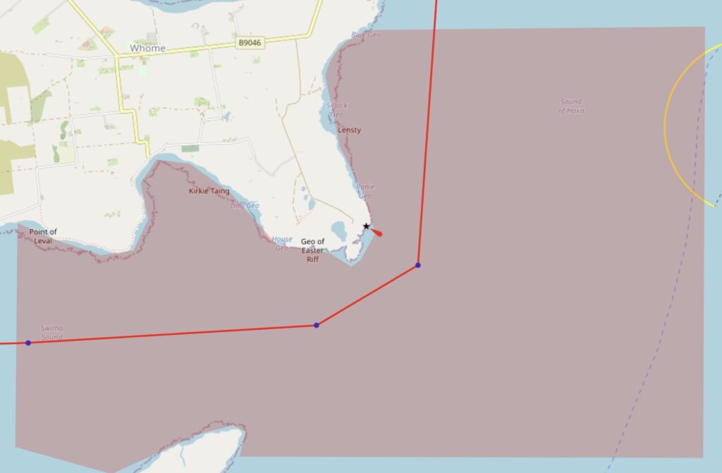 Map of the SW of Flotta, showing an area of tide action to be avoided.